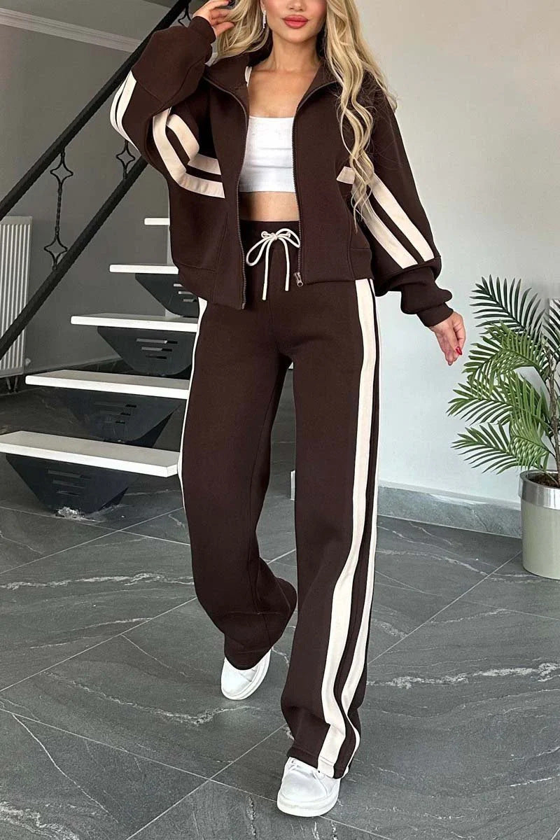 Y2K Striped Zip Top Jacket Casual Sportssuit Women