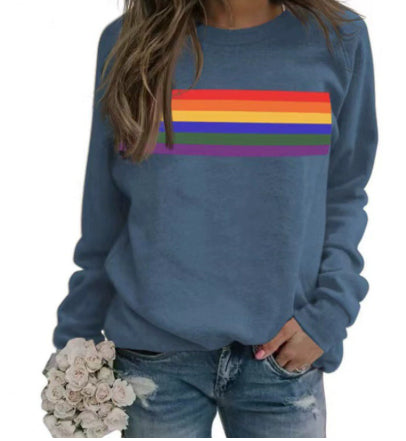Color Striped Print Round Neck Pullover Long Sleeve Sweater