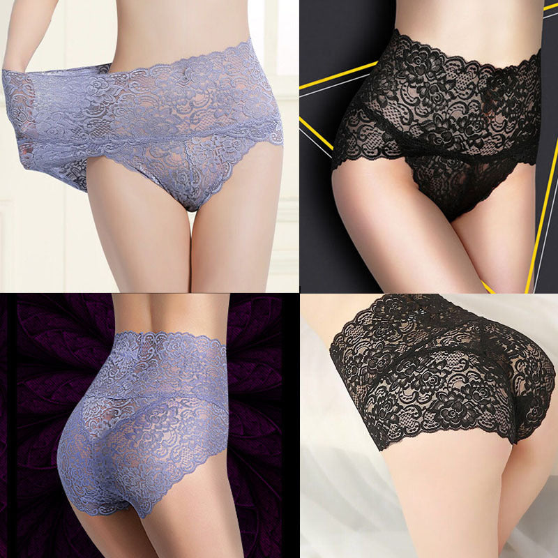 High-waisted lace panties feminine temptation no trace large size hips abdomen transparent briefs cotton ladies underwear
