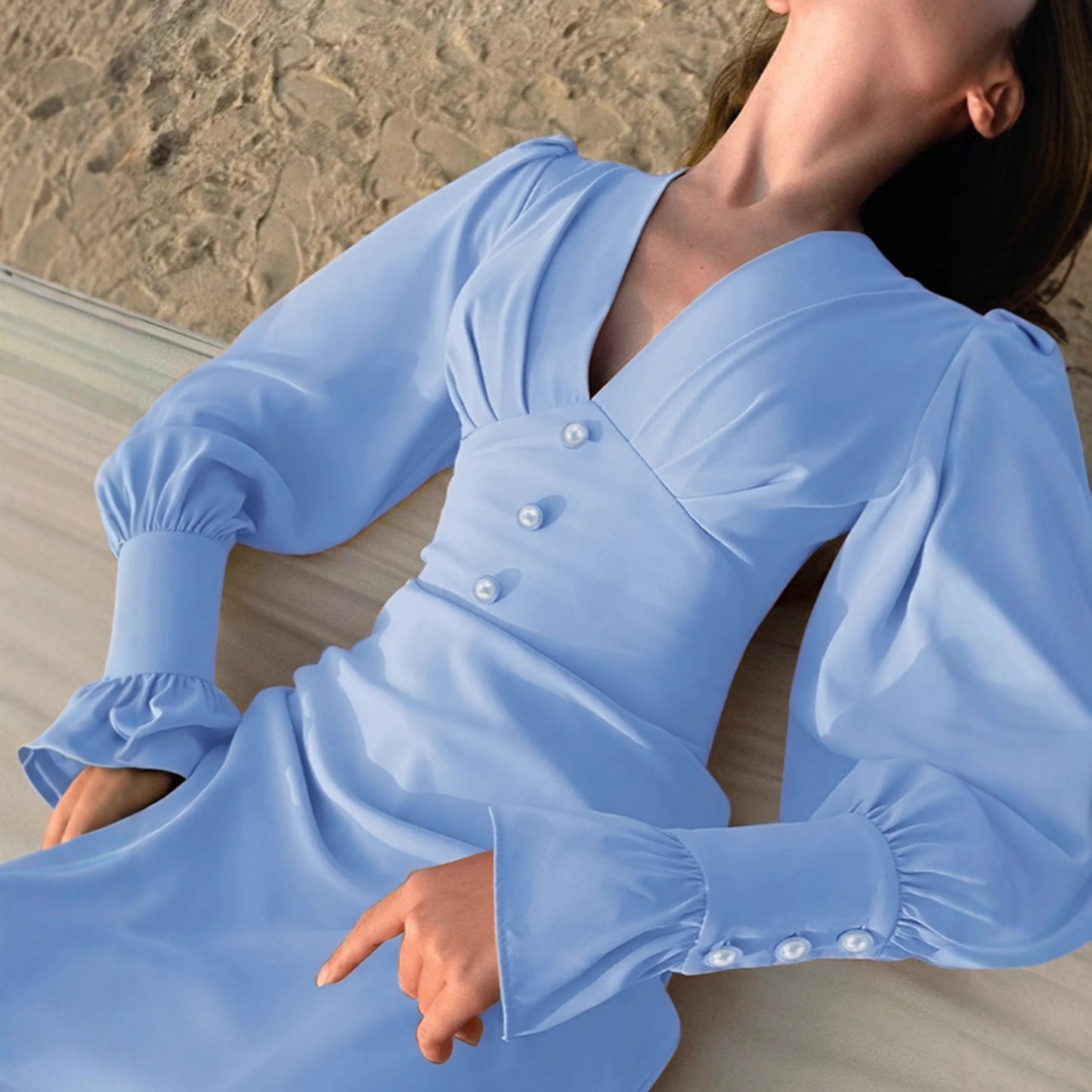 Elegant A-line Dress With A Commuter-friendly Vibe Pleated Design Deep V-neck Button Detailing Cinched Waist And Chic Lantern Sleeves