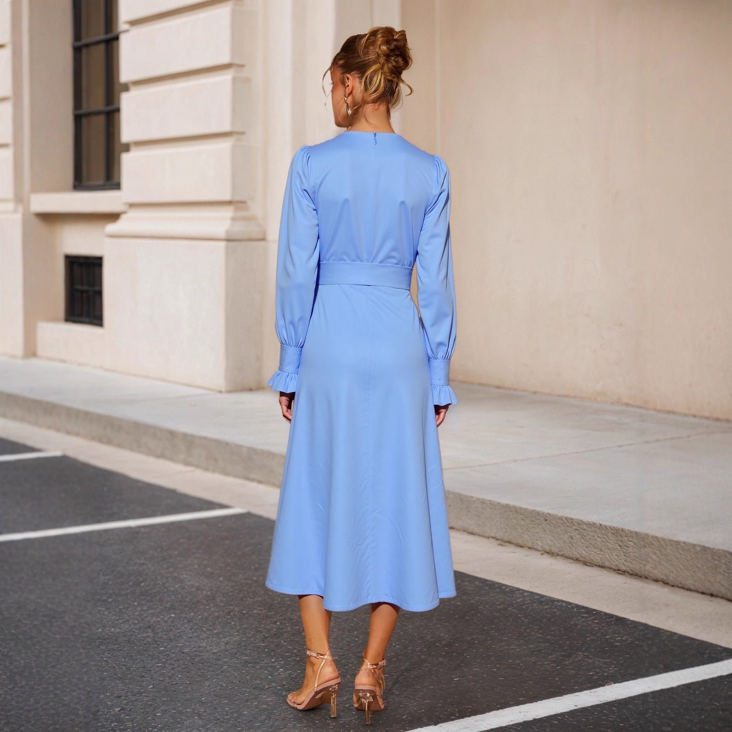 Elegant A-line Dress With A Commuter-friendly Vibe Pleated Design Deep V-neck Button Detailing Cinched Waist And Chic Lantern Sleeves