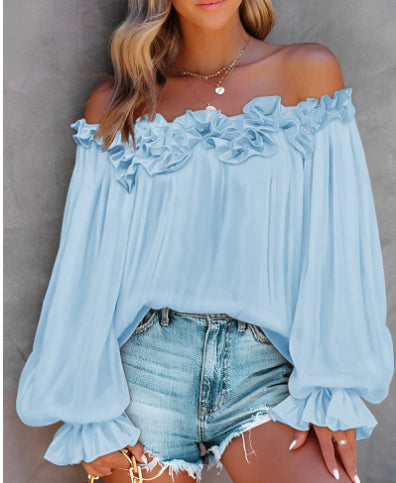 Casual Blouses Shoulder Off-Shoulder Long Sleeve Top Lotus Leaf Sleeve Shirt Loose Women's Clothing
