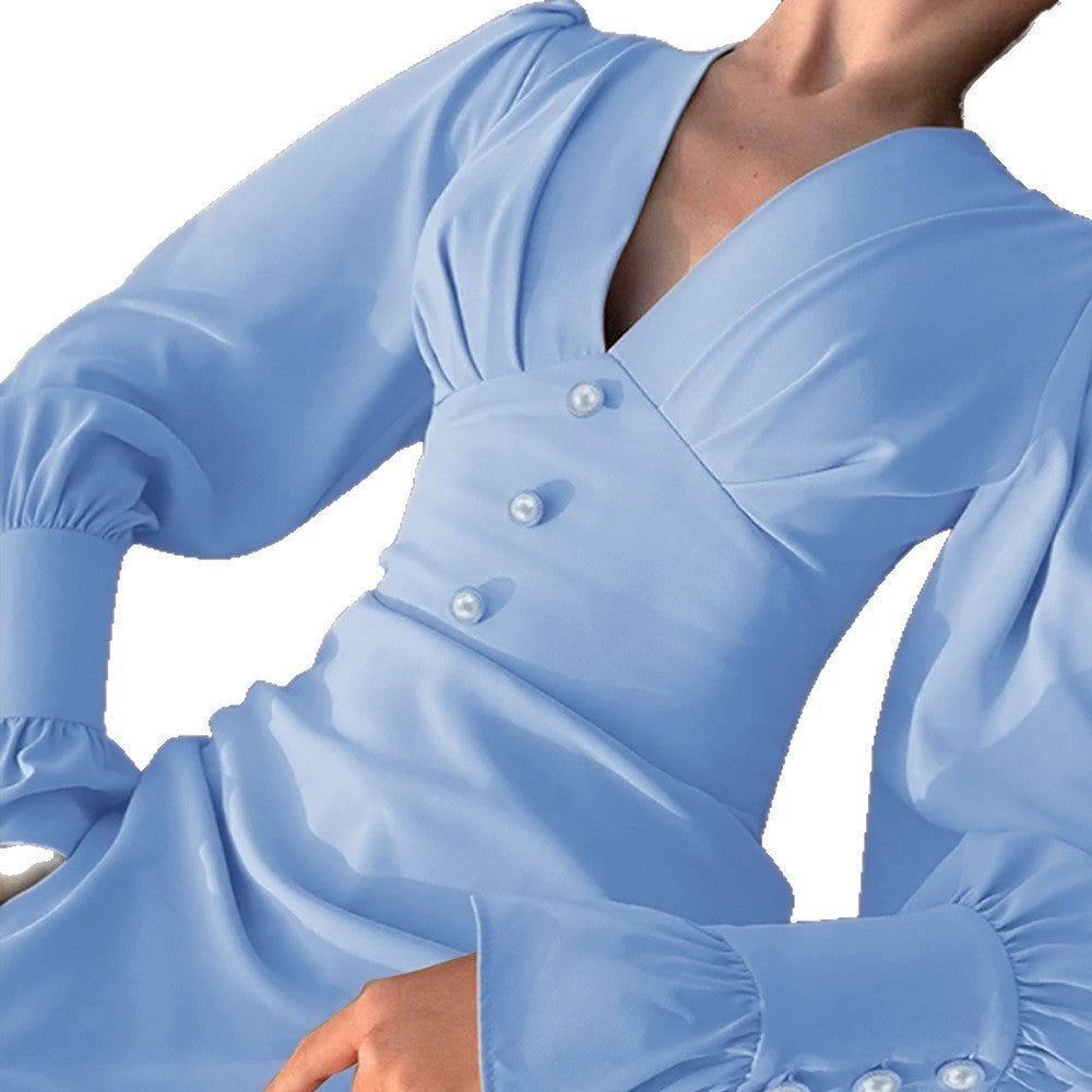 Elegant A-line Dress With A Commuter-friendly Vibe Pleated Design Deep V-neck Button Detailing Cinched Waist And Chic Lantern Sleeves